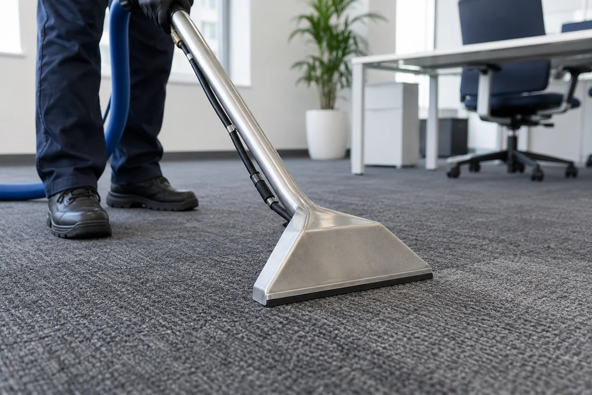 Illustration of professional carpet extraction in a commercial office