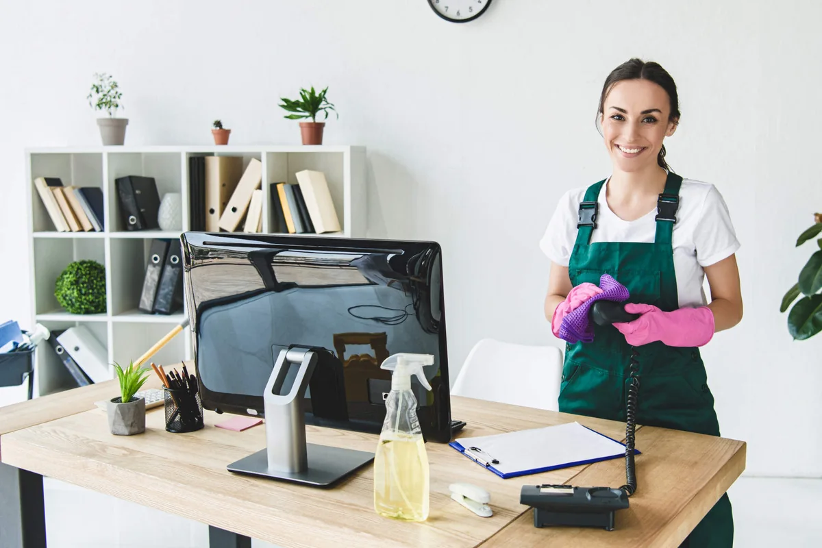 Cleaning and dusting an office workspace